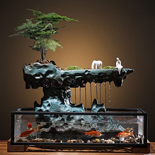 Tabletop Water Fountains Indoor Waterfall Fountain Desktop Water Ornament with Rockery, Aquariums and Stones for Office Home Decor, 16.9x8x8.1 in