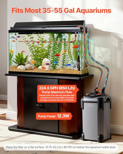 VEVOR 224.5GPH Canister Filter, 3-Stage External Aquarium Filter with Powerful Pump, Quite Water Circulation Cleaning Machine with Media for Fish Tanks and Aquariums Up to 55 Gallons, for Freshwater - size: 224.5GPH