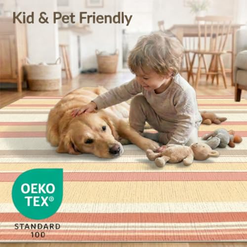 6'x9' Washable Minimalist Stripe Area Rug, Beige Non-Shedding Pet Friendly Room Rug Foldable Easy Care Carpet for Queen Size Bedroom, Under Bed, Master Suite | Ref:1993949 - color: Beige/Pattern 23, size: 6' x 9' (Rectangular)