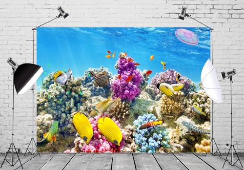 BELECO 12x10ft Fabric Underwater World Backdrop Undersea Tropical Fish Coral Reef Blue Deep Sea Aquarium Background Under The Sea Party Decorations Baby Shower Birthday Shoot Photo Props - size: 12x10FT