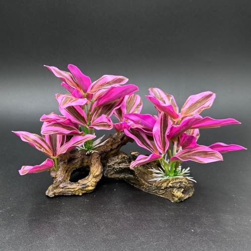 Fish Tank Decorations Aquarium Decor Ornaments Betta Pink Leaf pad Hammock Artificial Driftwood Goldfish Bowl Accessories (Hot Pink Set)