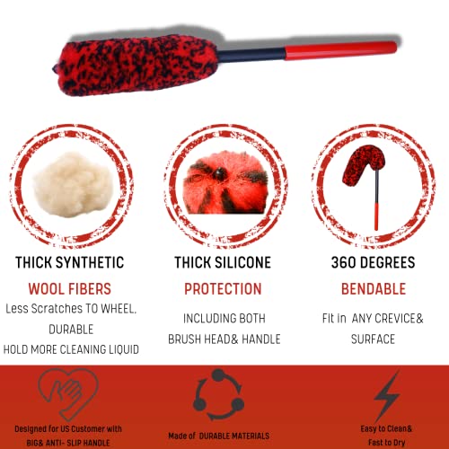 oesee Professional 4 Pack Long Handle Wheel Brush Kit for Cleaning Wheel and Tire- 2X Soft Wheel Cleaning Brush, Detailing Brush and Stiff Tire Brush, Bendable& Durable Wheel Rim Cleaner Brush Set - color: 4 Pack (Red & Black)