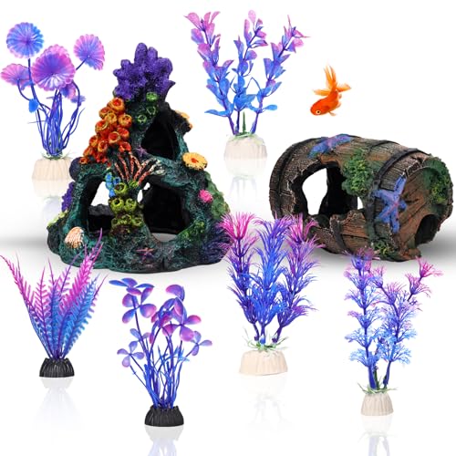 Betta Fish Tank Decor Accessories, Colorful Coral Reef Aquarium Decor Set with Coral Mountain Hideout, Starfish Bucket and 6 Aquatic Plants, Fish Aquarium Decor for Beta Fish Aquariums and Betta Fish