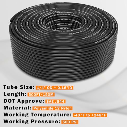 CheeMuii 500 FT 1/4" DOT Air Line 1/4 PA12 Nylon Pneumatic Tubing 152 Meter 1/4 Inch OD Pneumatic Air Tubing Pipe Hose Line for Semi Truck Trailer or Industrial Air System - color: Black, size: 1/4"OD-500FT
