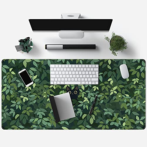 Cute Cat Kawaii Green Desk Mat - Large Gaming Mouse Pad & Keyboard Laptop Mat - Anime XL (31.5x15.7 in) - Non-Slip Base, Stitched Edges - color: Green Plants Black Cat