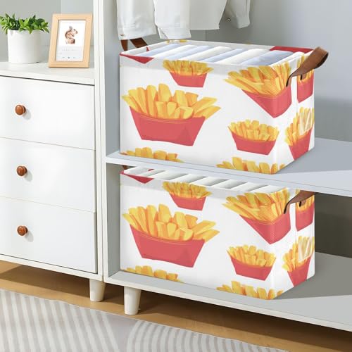 Ollabaky Collapsible Rectangular Closet Storage Bin Fast Food French Fries Shelf Basket Box with Leather Handles - Storage Cube, Nursery Storage, Laundry Hamper