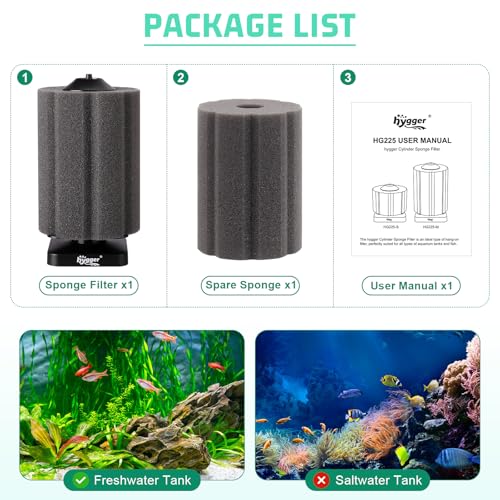 hygger Self-Sinking Sponge Filter for 30–75 Gallon Aquarium, Air Powered Foam Filter for Freshwater & Saltwater Tanks, Betta & Shrimp Safe - size: M