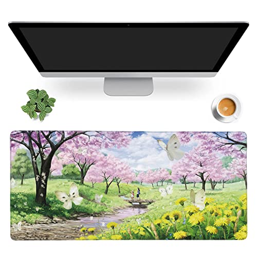 Spring Garden Extended Gaming Mouse Pad Large Desk Mat with Non-Slip Rubber Base and Stitched Edges,Keyboard Mouse Mat Desk Pad for Work,Game,Office,Home 35.4 * 15.7 Inch - color: Spring Garden