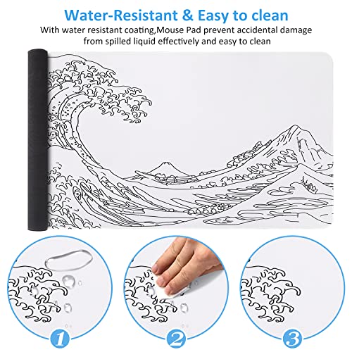 iCasso White Mouse Pad, Extended Gaming Mouse Pad (35.4x15.7 in), Large Stable Rubber Base Mousepad with Stitched Edges, Keyboard Mouse Mat Desk Pad for Work, Game, Office, Home - color: White Wave of Kanagawa