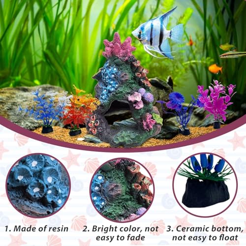 PINVNBY Colorful Coral Small Fish Tank Decorations with 4PCS Artificial Aquarium Plants, Resin Mountain Ornament for Goldfish Betta Fish Tank Cave Hideout Sleep Rest Play Breed - size: L，4 PCS water plants
