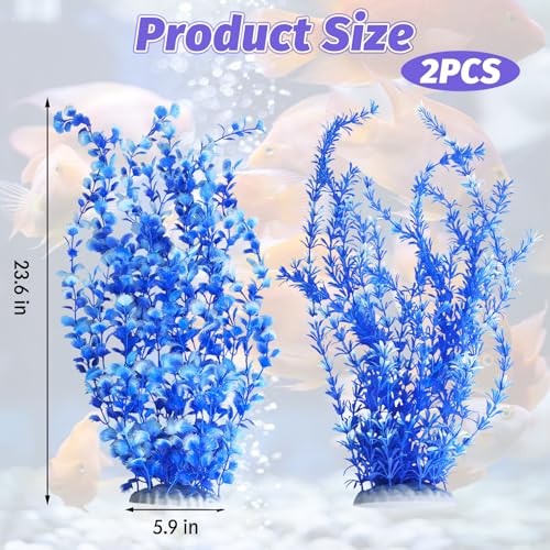 Hamiledyi Aquarium Plastic Plants Aquarium Decor Artificial Fish Tank Plants,Tall Fish Tank Decorations, Extra Large Aquarium Plant 23.6-inch Tall,2PCS（Blue） - color: Blue