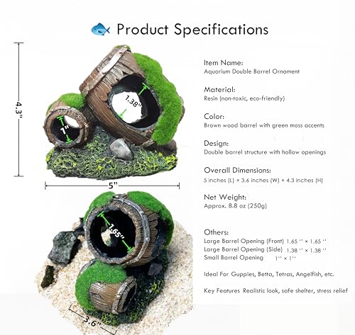 Moss-Covered Twin Broken Barrels Aquarium Decor – Resin Fish Tank Hideout with Artificial Moss for Betta, Shrimp & Small Fish