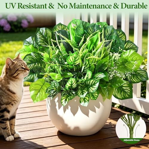 Livole 12Pcs 12 Styles Artificial Plants Outdoor Realistic UV Resistant Artificial Flowers Large Bunches Faux Plants Greenery Stems Boston Fern for Garden Porch Planter Window Box Home Decor - size: 12Pcs
