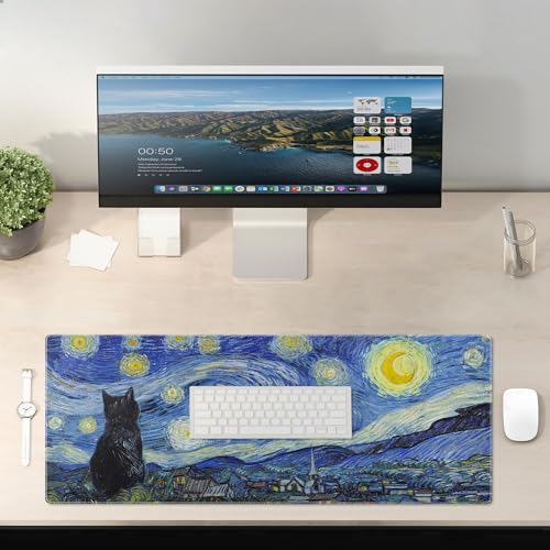 Starry Night Cat Gaming Mouse Pad Large Desk Mat Extended Keyboard Mouse Pad Anime Mousepad with Non-Slip Base and Stitched Edge Mouse Mat Desk Pad 31.5 x 11.8 Mouse Pads for Desk Home Office Gaming - color: Starry Night Cat