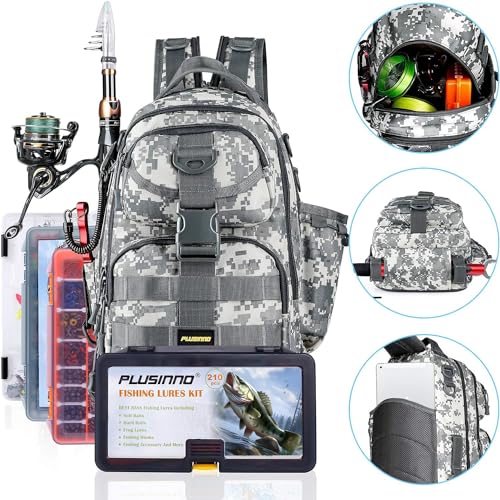 PLUSINNO Fishing Backpack Tackle Bag, Water-Resistant Backpack with Rod Holder, Ideal Shoulder Bag Gifts for Men - color: Acu Single Backpack