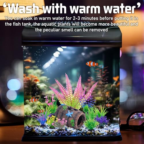 Ameliade Fish Tank Accessories Decorations Set with Broken Barrel Cave & 11 Artificial Aquatic Plants - Betta Goldfish Hiding Spots for Aquariums, Small Bowl Ornament Decor