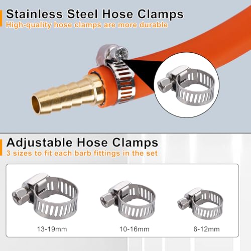 26PCS Brass Hose Barb Fitting,Barb Splicer Mender Hose Fittings 3/16" 1/4" 5/16" 3/8" 1/2" 5/8" with 52Pcs Stainless Steel Pipe Hose Clamps for Air/Fuel/Water/Oil Hose - size: 26pcs barb splicer