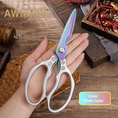 AWinjoy Heavy Duty Sharp Kitchen Scissors, Dishwasher Safe, Cooking Shears for Meat, Chicken, Fish, Poultry, Herb, Bread (Silver Color) - color: Silver Color