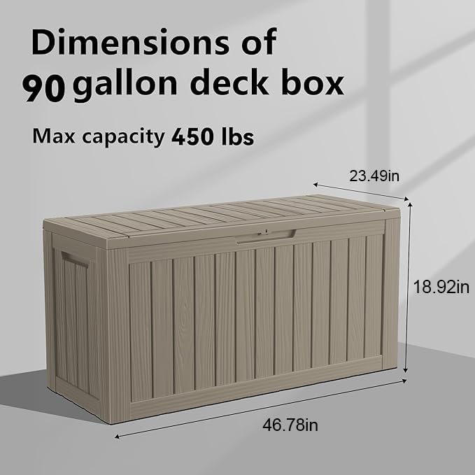 PatioZen 90 Gallon Resin Deck Box, Lockable Patio Outdoor Storage Box for Furniture, Garden Tools and Tools Storage, Waterproof Outside Storage Boxes - Grey - color: Grey, size: 90 Gallon
