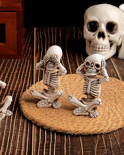 3 Pcs Aquarium Skeleton Decor - Waterproof Resin Hear No See No Speak No Evil Figurines for Fish Tank, Halloween Gothic Underwater Scene Setup