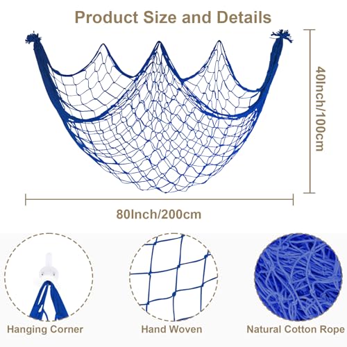 2 Pack Fish Net Decorations, 80x40 Inch Navy Blue Fishing Net Decor for Under The Sea Hawaiian Beach Theme Party, 3mm Thick Natural Cotton Versatile Nautical Netting for Party Wall Table Ceiling Decor - color: Dark Blue, size: Large - 2 Pack