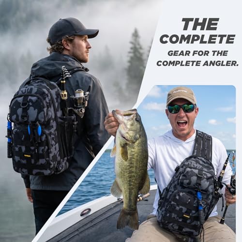 PLUSINNO Fishing Backpack with Fishing Rod &Tackle Boxes, Waterproof Sling Tackle Bag for Fish Gear with Rod Holder, Gifts for Men with Lures, Pliers, Fish Lip Gripper. - color: Fishing Backpack With Fishing Rod