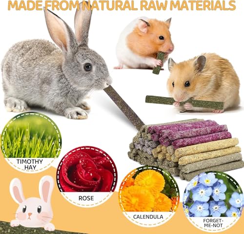 VESPRO 208Pcs Rabbit Chew Sticks, Guinea Pig Toys, Natural Timothy Grass Molar Teeth Stick, Mixing Flowers, Roses, Calendula and Forget Me Not, Small Animals Treats - size: 1 Count (Pack of 208)