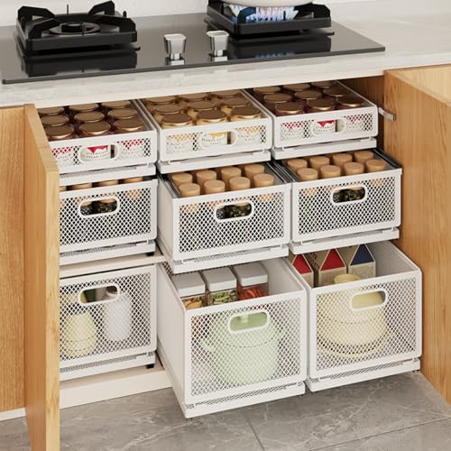 Pull Out Cabinet Organizer, Slide Out Drawers Fixed with Adhesive Nano Film, Pantry Shelves Sliding Drawer Storage Organization for Kitchen (Double Layer 11.8 * 9.4 * 10inch/30 * 24 * 25.5cm) - size: 11.8*9.4*10inch/30*24*25.5cm