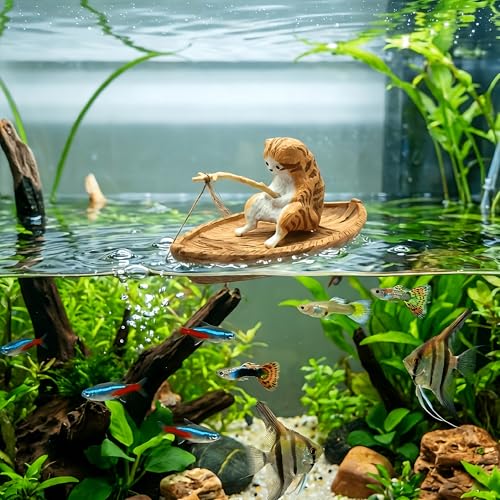 Cat Aquarium Decoration Resin Fish Tank Ornament Ocean Theme Mini Landscape Decor Cute Fishing Scene Tank Accessory for Aquariums Home Desktop Decoration(Boat Not Including)