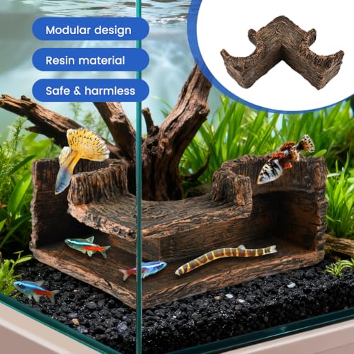 Aquarium Underground Corner Cave with 2 Simulated Resin Coral, Natural-Looking Wood-Like Bet-ta Fish Hideout Fish Tank Decorations, for Avoid Aggressive Behavior
