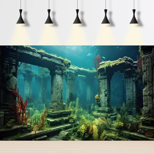 Under The Sea Aquarium Background Sunken Ancient City Ruins Fish Tank Background Lush Aquatic Seagrass Coral Reefs Submerged Structure Terrarium Backgrounds Underwater City Reptile Backgrounds 24x12in - color: Green_Foggy Blue, size: 24(W)x12(H)in