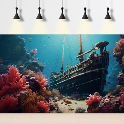 Sunken Pirate Ship Aquarium Background Vibrant Underwater Coral Reef Seascape Fish Tank Background Timeless Nostalgia Rusty Ship Debris Terrarium Backgrounds Undersea Reptile Tank Backgrounds 24x12in - color: Blue_Pink, size: 24(W)x12(H)in