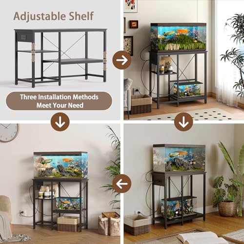 BEURUKU 20-29 Gallon Fish Tank Stand with Power Outlet & LED Light, Metal Aquarium Stand with 3 Tier Adjustable Storage Shelves, Tank Stand for Reptile Tank, Turtle Tank, 30.7" L*13.8" W, Black - color: Black, size: 20-29 Gallon