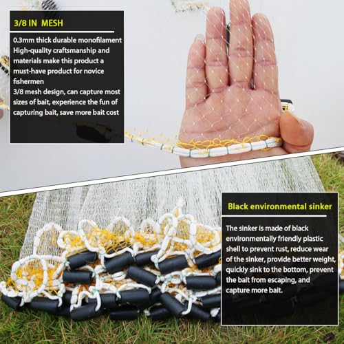 Drasry Saltwater Fishing Cast Net for Bait 3/8 1/4 or 1/2 with Heavy Sinkers Fish Trap Throw Net. Size 3ft/4ft/5ft/6ft/7ft/8ft/9ft/10ft Radius Freshwater Nets - size: 9FT (270cm) Radius, style: Pvc-0.3mm Mono 3/8mesh