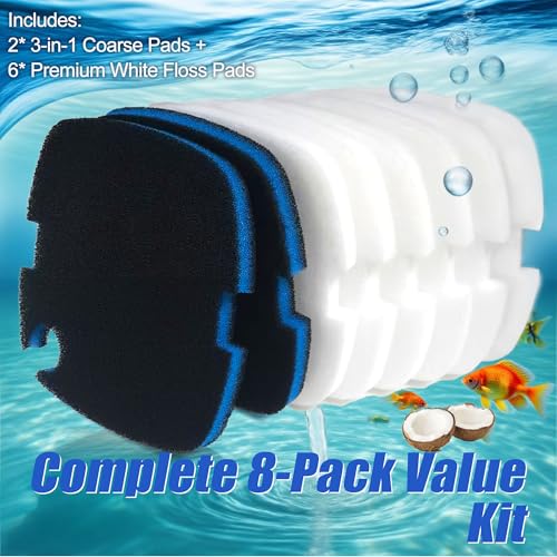 PurifyLogix 8PCS Filter Pads for MarineLand Magniflow 360/400 Canister Filters | Upgraded 3-in-1 Coarse (Activated Carbon) & White Floss Media - Mechanical & Biological Filtration