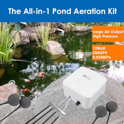 AquaMiracle All-in-One Koi Pond Aerator for Outdoor Ponds up to 3000 Gallons, Pond Air Pump Pond Aeration System with 4-Outlet Manifold Airline Tubing Air Stones Check Valves - size: Up to 3000 Gallon