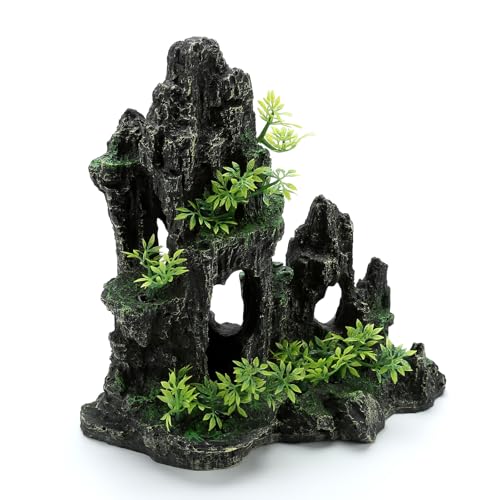 Aquarium Decorations Large Mountain View Stone Ornaments, Fish Tank Decorations Extra Large and Tall Aquarium Decor for Fish Tank Hideout Tree House Rock Cave for Small Fish Betta Hideaway Cave