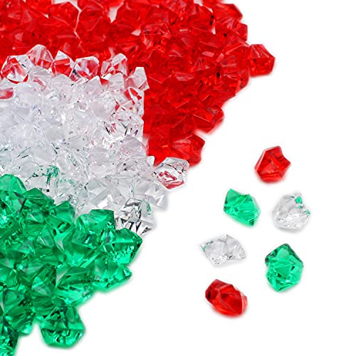PMLAND Clear Fake Ice Rocks – 550 Pcs Large Acrylic Gems Crushed Plastic Diamonds, Green White Red (3Lbs/2.25 Quarts) – Bulk Vase Filler for Centerpieces Christmas Theme Décor Table Scatter - color: Green White and Red