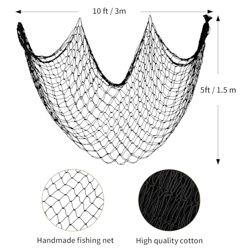 ZUEXT Decorative Fishing Net 5x10 ft, Large Black Picture Fish Net, Wall Photo Hanging Fishnet for Nautical Gothic Pirate Ocean Themed Beach Under The Sea Party Decorations, 3mm Thick Cotton Table Runner Wall Net Decor - color: Black, size: 5 ft x 10 ft -