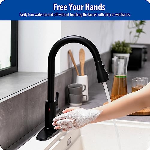 WEWE Black Kitchen Faucet, Touchless Kitchen Faucet with Pull Down Sprayer - Matte Black Single Handle Kitchen Faucets Hands-Free Activated Stainless Steel Kitchen Sink Faucet - color: Matte Black, style: Contemporary