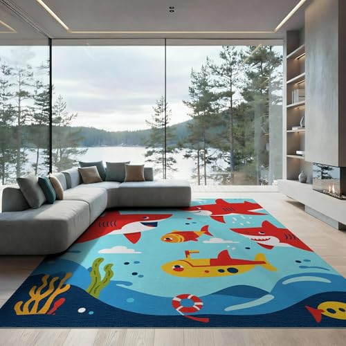 6'x9' Washable Flatwoven Rug, Red Graphic Wave Stain Resistant Large Carpet Non-Slip Chair-Friendly Floor Mat for Dining Room, Under Table, Office | Ref:2070041 - color: Blue/Pattern 18, size: 6' x 9' (Rectangular)