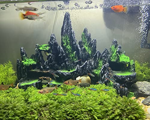 Extra Large Aquarium Decorations - Big Mountain View Ornaments, Come with 1 Little Diver and 2X 4inch Aquarium Plastic Plants
