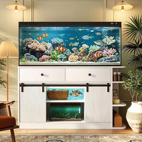 JIJIWANG 75 Gallon Fish Tank Stand with LED Light & Power Outlets, 55-75 Gallon Aquarium Stand with Sliding Fluted Doors, 2 Large Cabinet and Storage Shelves for Fish Tank, 1200 lbs Capacity White - color: White, size: 55.1"L x 19.6"W x 32.2"H