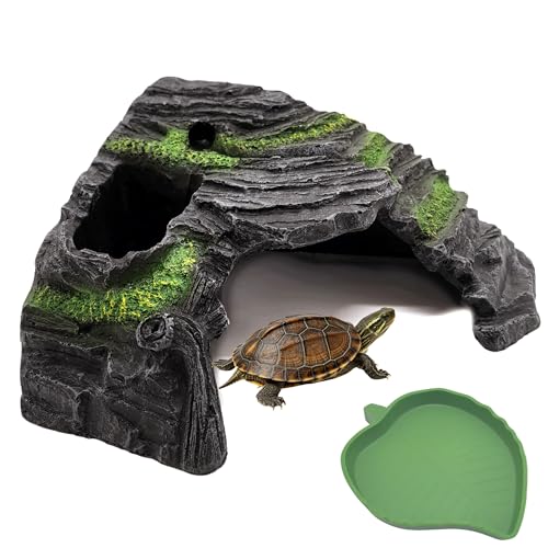 M2cbridge Aquarium Fish Hide Cave Reptile Hideout Cave Terrarium Amphibians Habitat Decor (Island+ Water Dish) - style: Island+ Water Dish