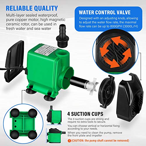 Simple Deluxe 10ft High Lift 800GPH 24W Submersible Pump (3000L/H) with 3 Size Nozzles for Fish Tank, Pond, Aquarium, Statuary, Hydroponics, Fountain, Green - size: 800GPH-Standard
