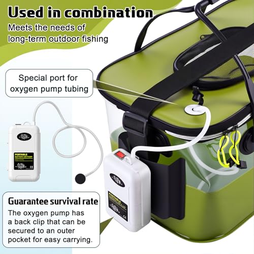 3 Pcs Fishing Bucket, Live Bait Aerator and Fishing Cast Net with Heavy Duty Sinker Foldable Live Bait Bucket Portable Quiet Aerator Fish Transport Container Outdoor EVA Bag - color: Green