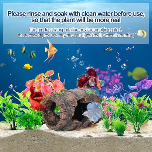 CousDUoBe Fish Broken Barrel Decor Fish Tank Decorations Betta Fish Tank Accessories,Starfish Barrel x 1pc, Aquarium Plants x 8pcs - size: 9 Pcs