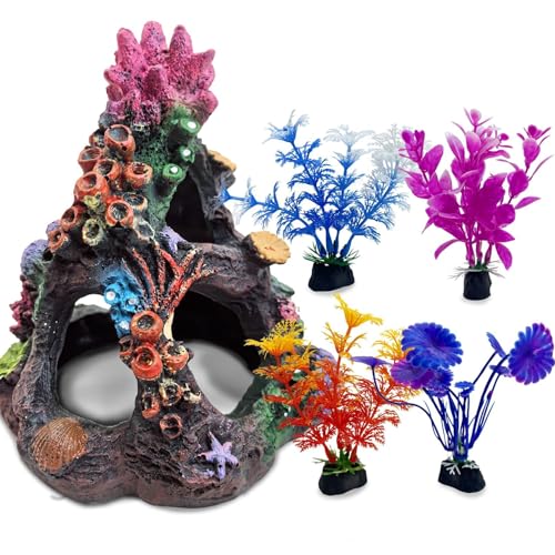 PINVNBY Colorful Coral Small Fish Tank Decorations with 4PCS Artificial Aquarium Plants, Resin Mountain Ornament for Goldfish Betta Fish Tank Cave Hideout Sleep Rest Play Breed - size: L，4 PCS water plants