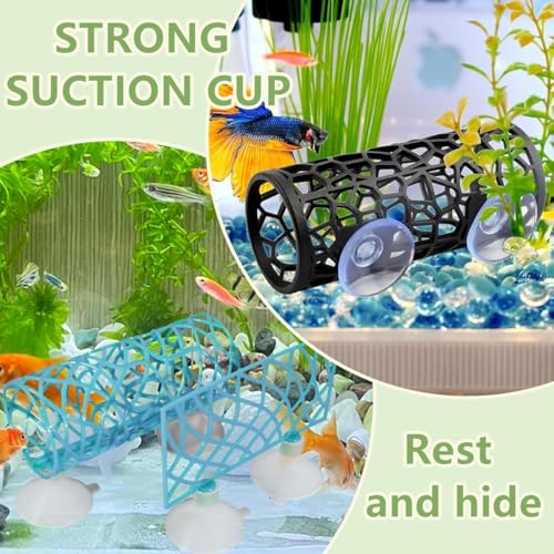 Betta Fish Tunnel Tube & Hammock with Leaf Pad, Blue, Aquarium Decor Ornament, Wall Hanging, Small Fish & Shrimp Habitat
