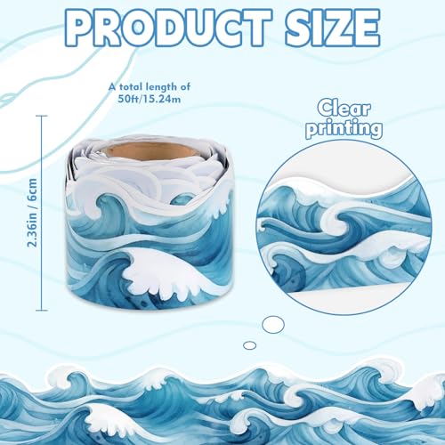 50ft Ocean Waves Bulletin Board Border, Blue Under The Sea Scalloped Trim Borders for Back to School Summer Classroom Office Wall Chalkboard Door Decorations - color: White